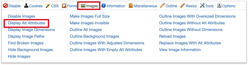Configuración para poder ver los atributos ALT en la extensión Web Developer