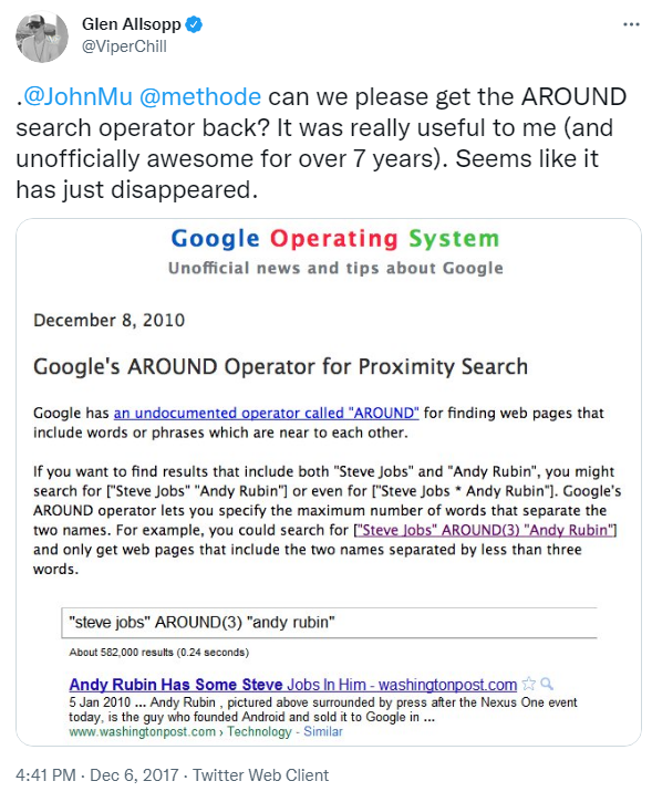 deprecated search operators (around)