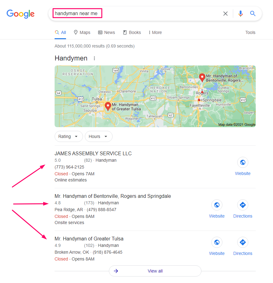 handyman near me Google result with local pack