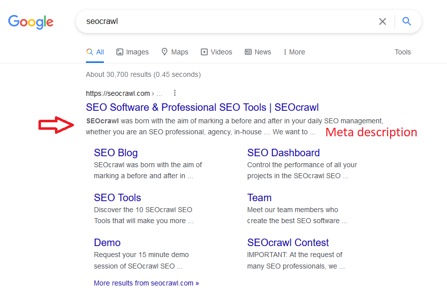 Google search engine results page meta description highlighted