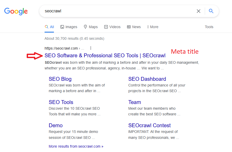Google search engine results page- meta title highlighted