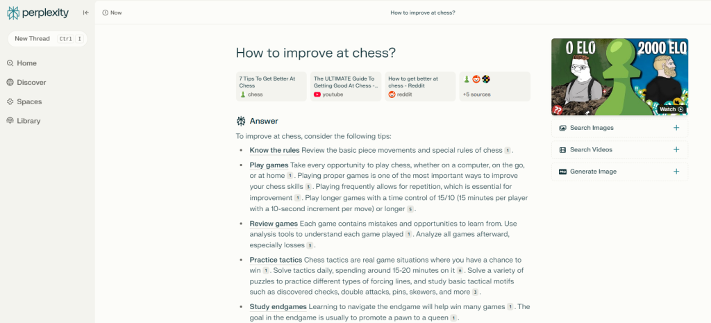 Perplexity AI-powered search engine example question and answer- how to improve at chess