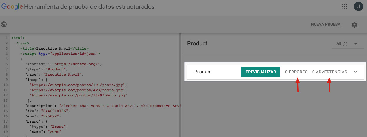 Resultado correcto en la herramienta de datos estructurados