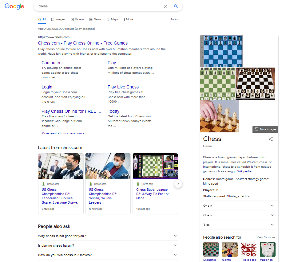 search engine results page or SERP for the keyword "chess"