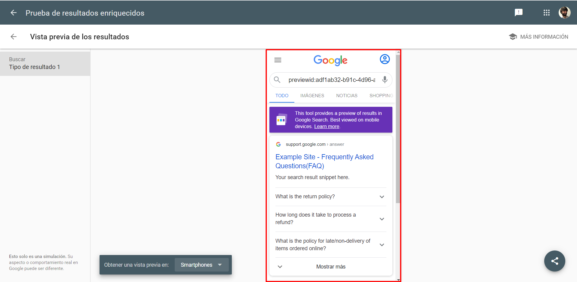 vista previa de los resultados