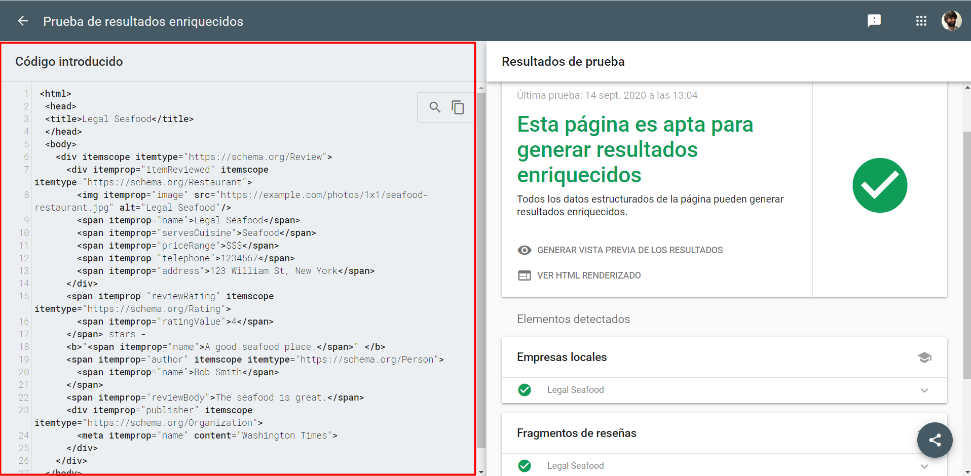 Microformatos en probador de datos estructurados de Google.