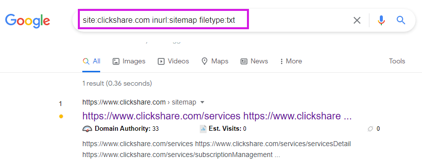 Operator filetype to find sitemaps