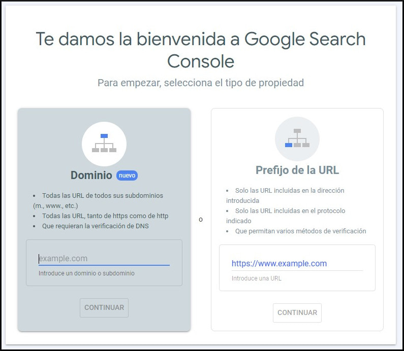 Pantalla de añadir propiedad a Google Search Console