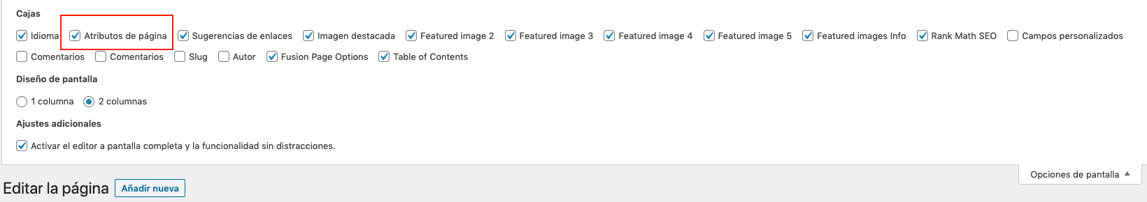 menu atributos de la página