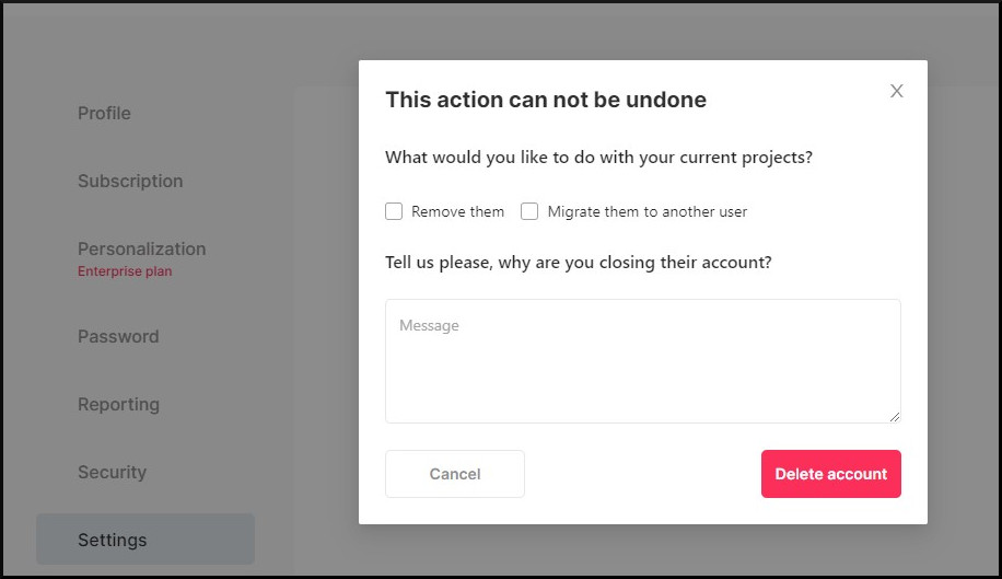 Options when deleting an account