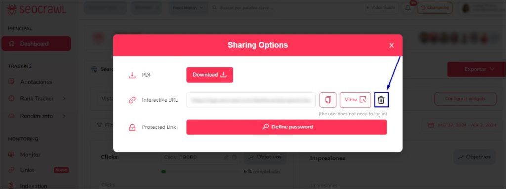 Opción para eliminar el link del informe compartido en SEOcrawl