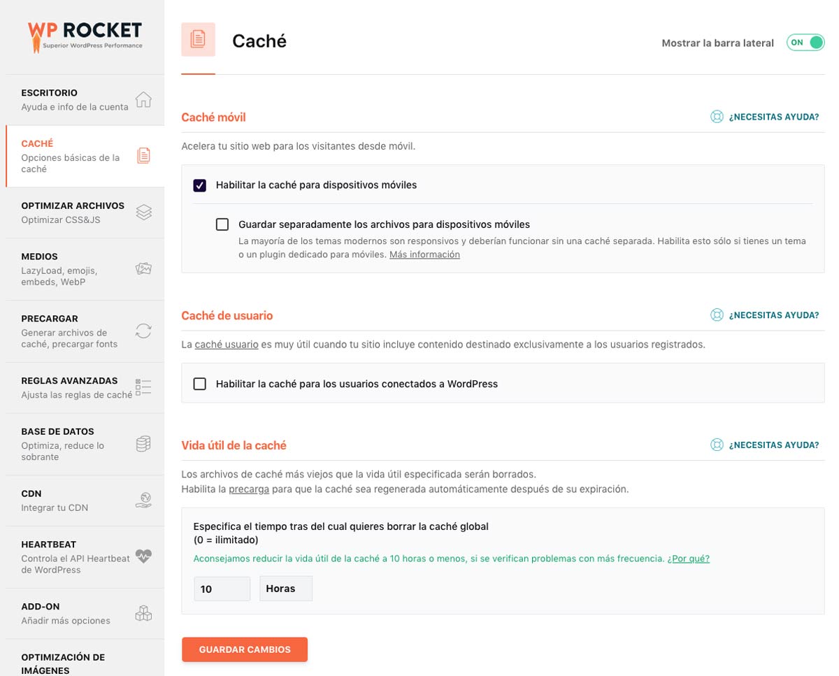 opciones de caché wp rocket
