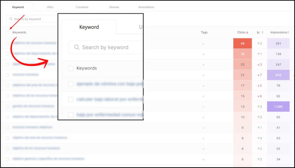 Checkbox for keyword management