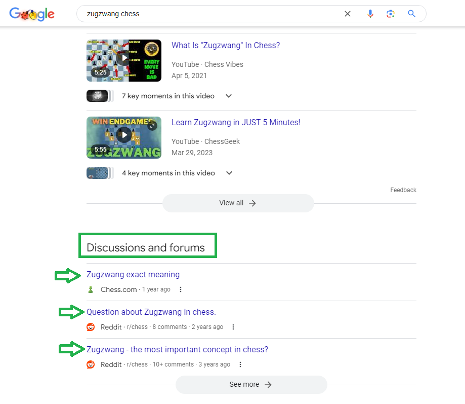 example search in Google with Reddit and specialized forums ranking in 