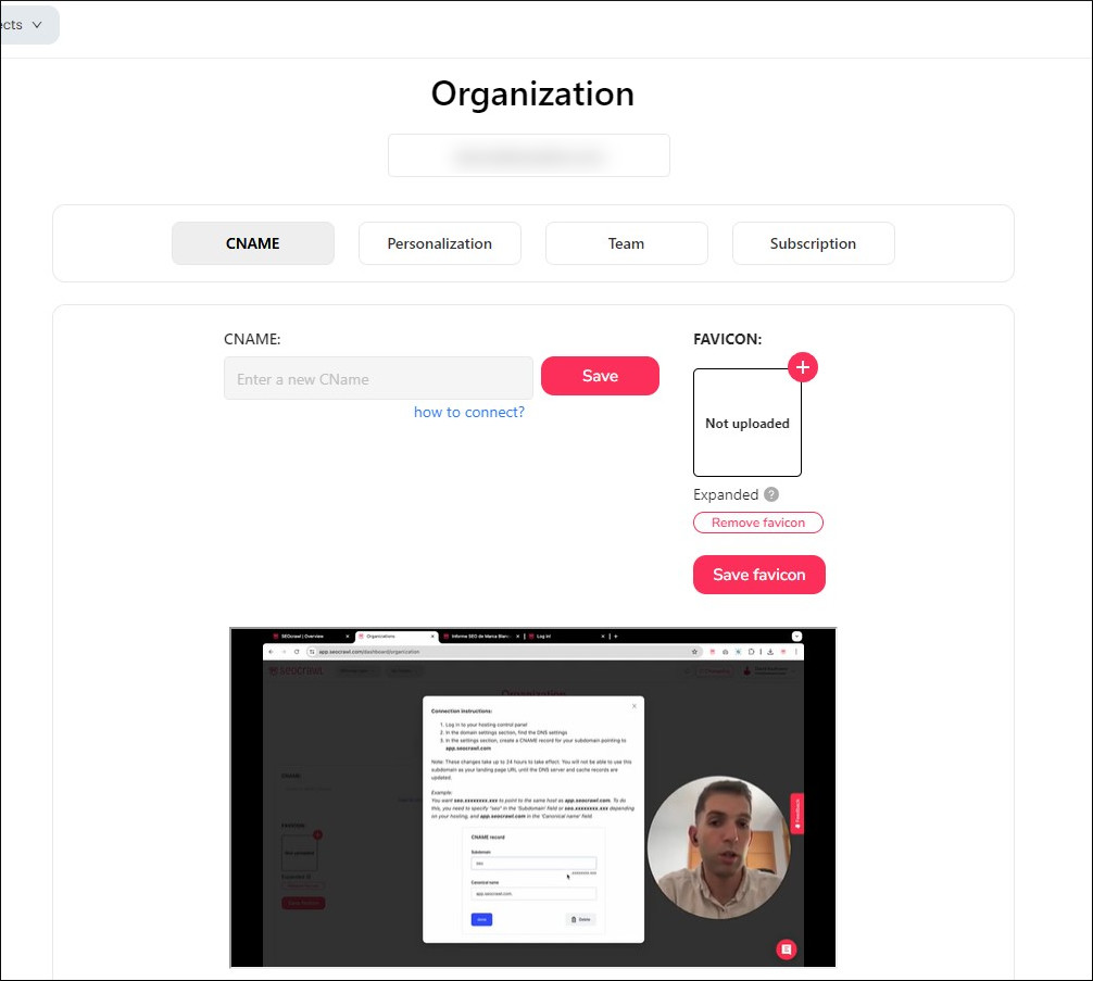Vídeo explicativo en la pantalla de CNAME en SEOcrawl