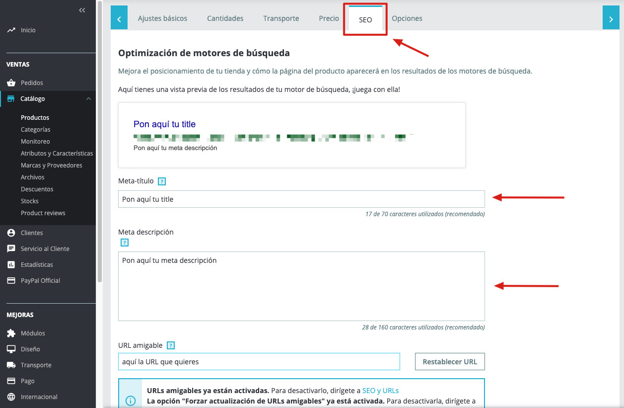 como poner title y metadescripcion en prestashop