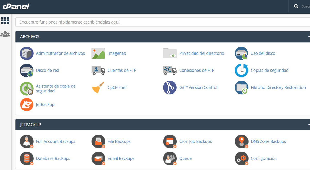 vista del panel de control cpanel