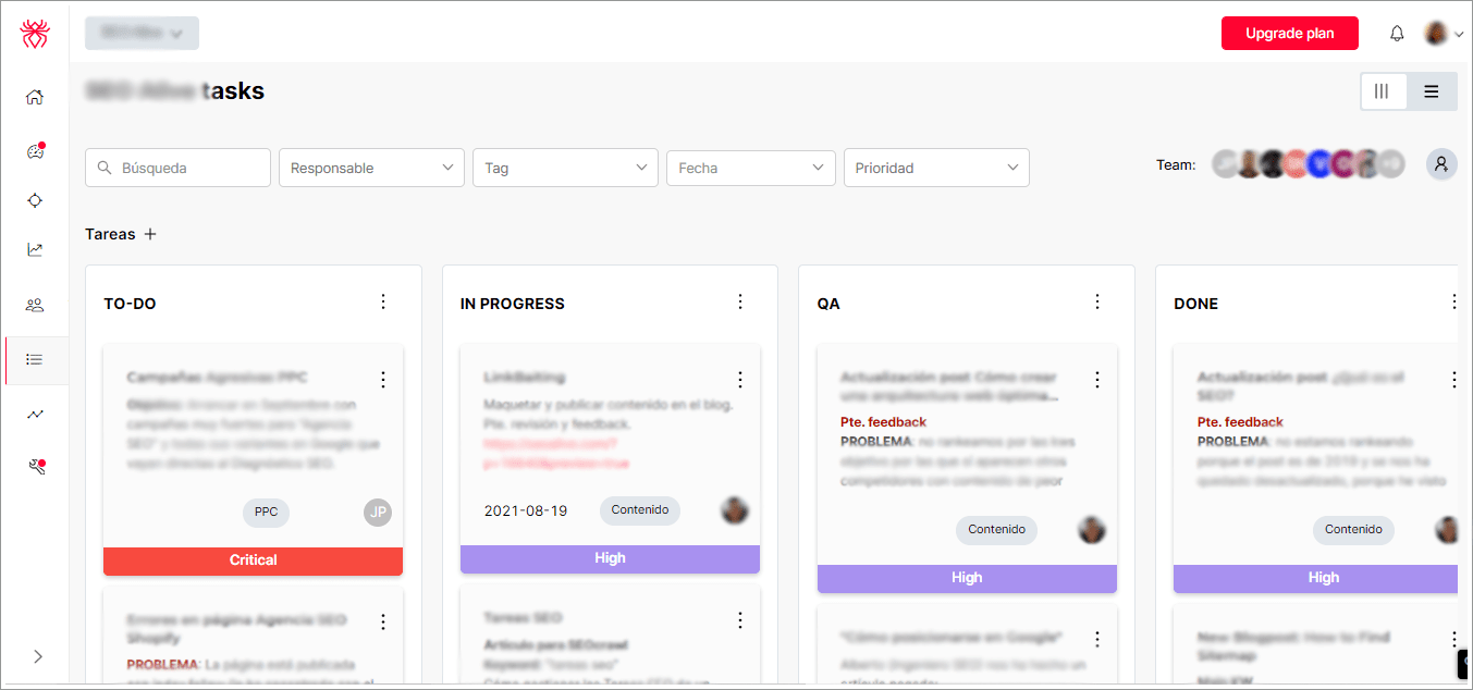 Dashboard de tareas de SEOcrawl