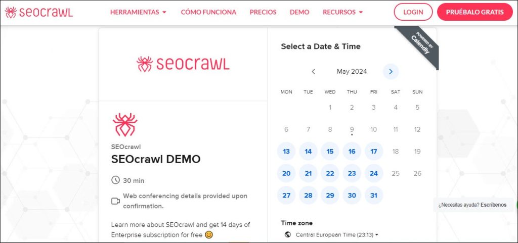 Página para solicitar DEMO en SEOcrawl