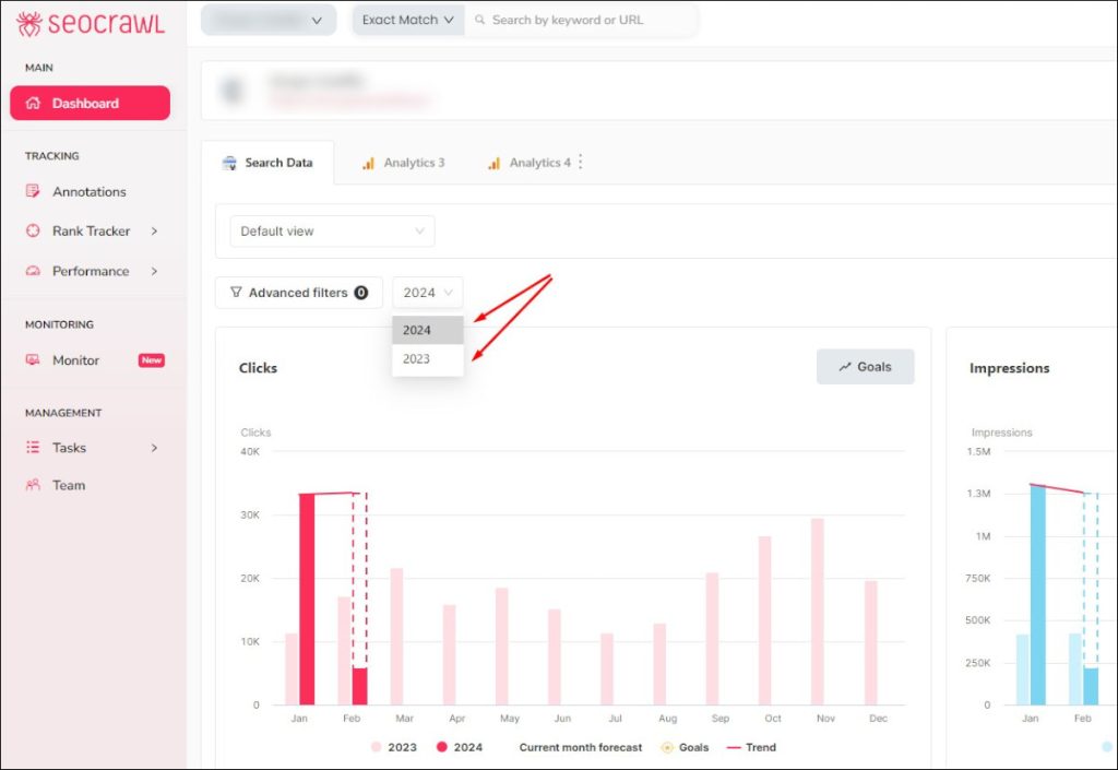 Dashboard 2023 y 2024 en SEOcrawl