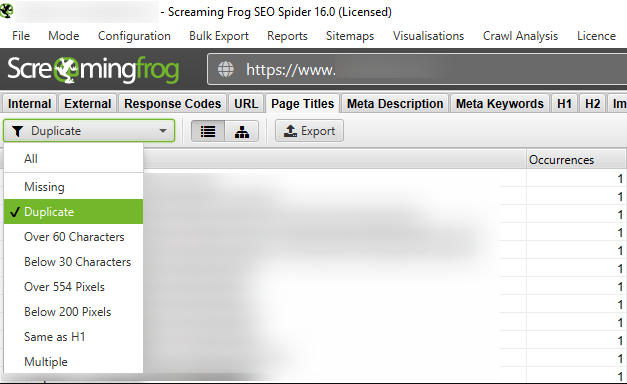 Screaming Frog feature to find duplicate title tags