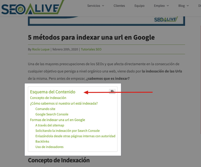 Ejemplo de tabla de contenidos