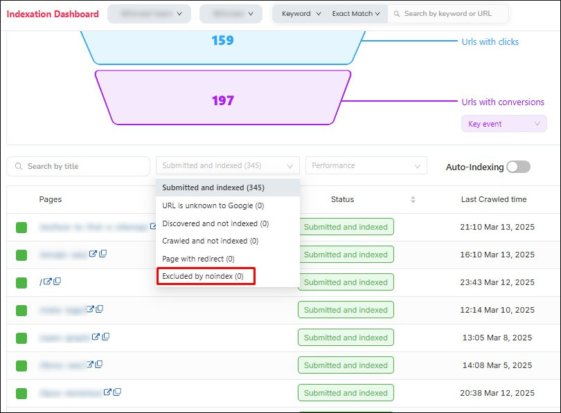 Exclude by noindex filter in Indexation - SEOcrawl