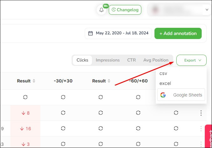 Exportar anotaciones en SEOcrawl