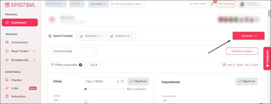 Botón Exportar datos en SEOcrawl