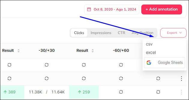 Función de exportar en Anotaciones de SEOcrawl