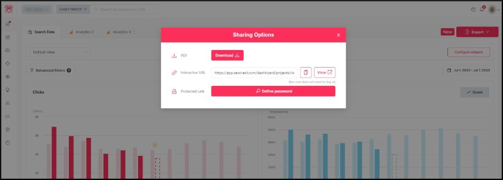 You can export your SEO report as a PDF file, through a link, or through a password-protected link.