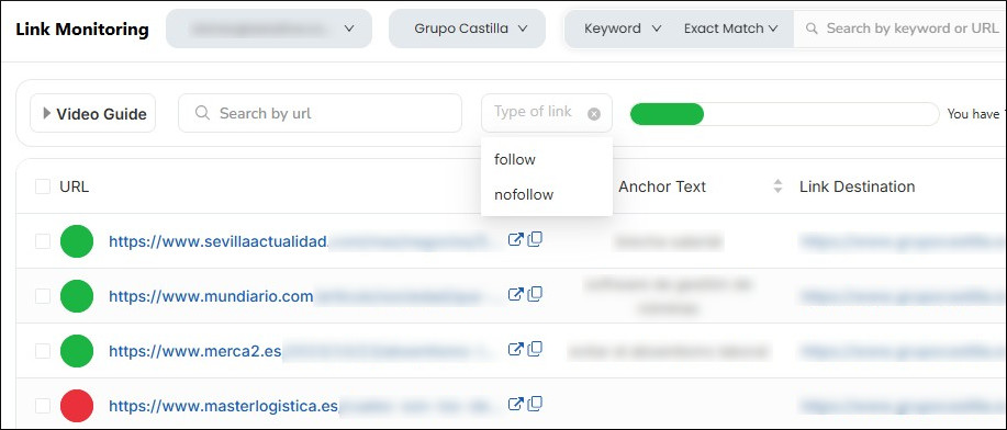 Follow/no-follow filter in SEOcrawl's Link Monitor