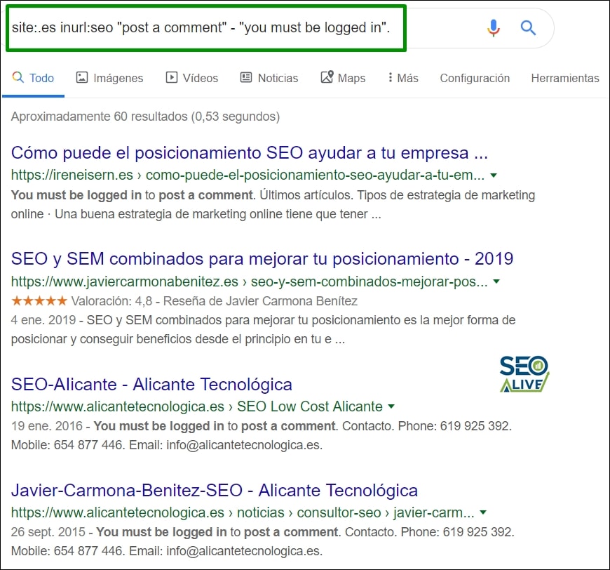Filtros Búsquedas Google SEO