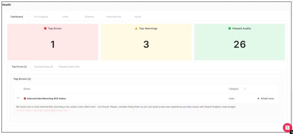 Scoring de salud de una determinada URL.