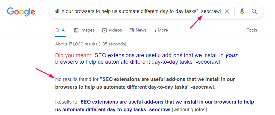 exclude results from search with minus operator