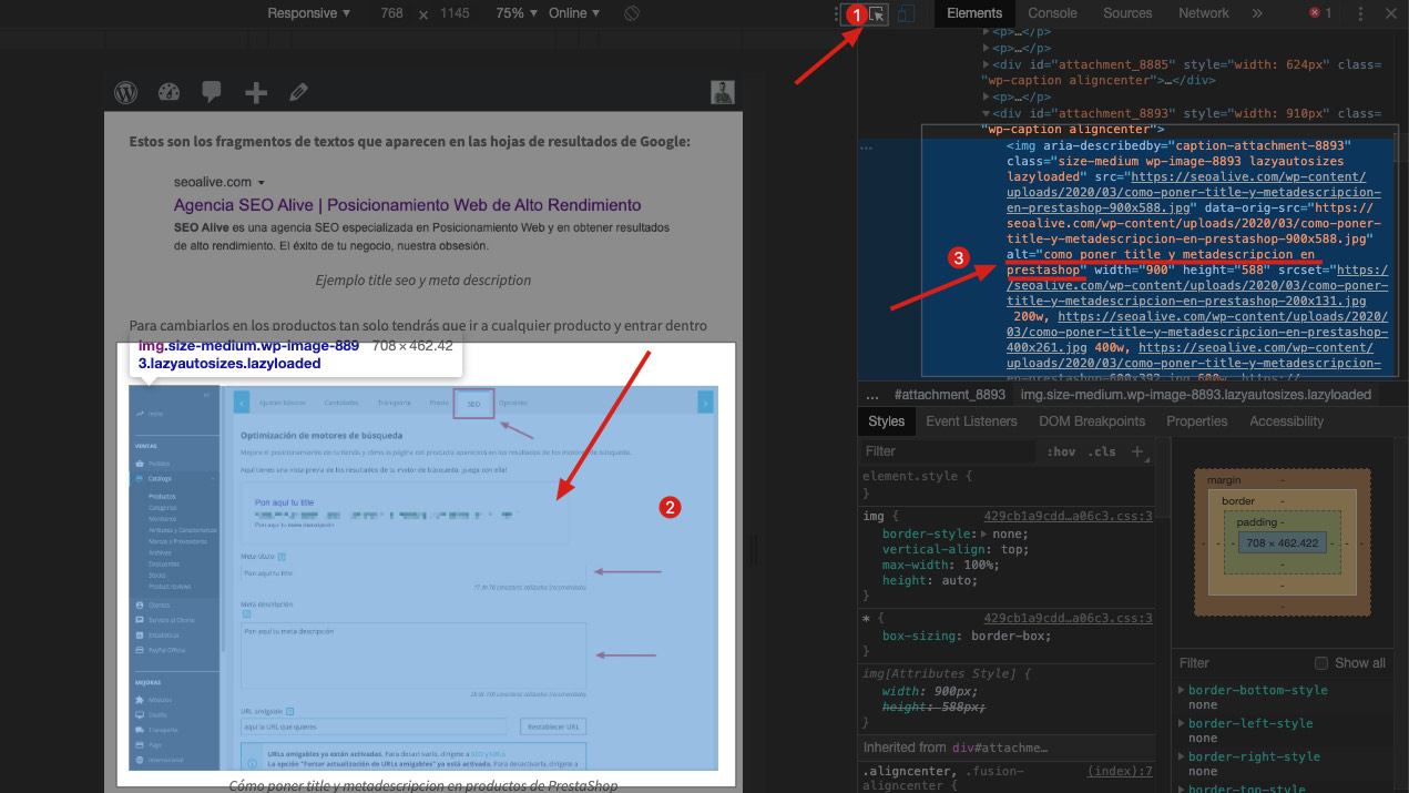 instrucciones para ver el atributo ALT con el inspeccionador de Chrome