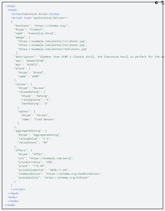 Ejemplo de marcado de datos en JSON-LD de producto