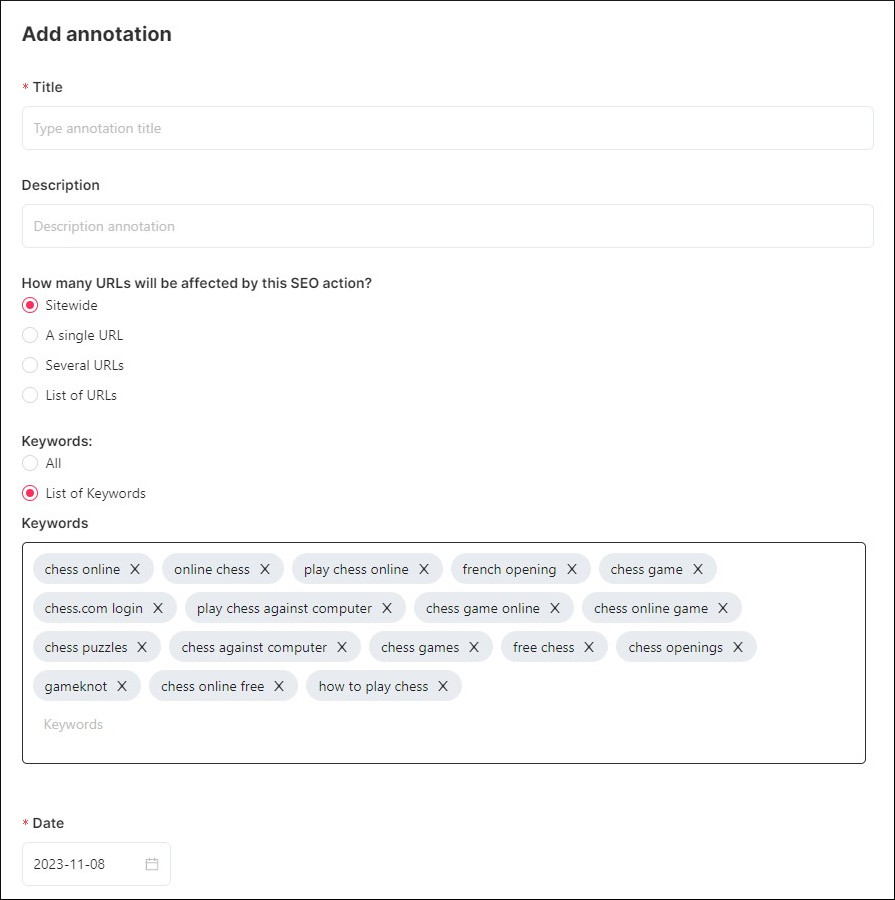 Keyword list in annotation on SEOcrawl