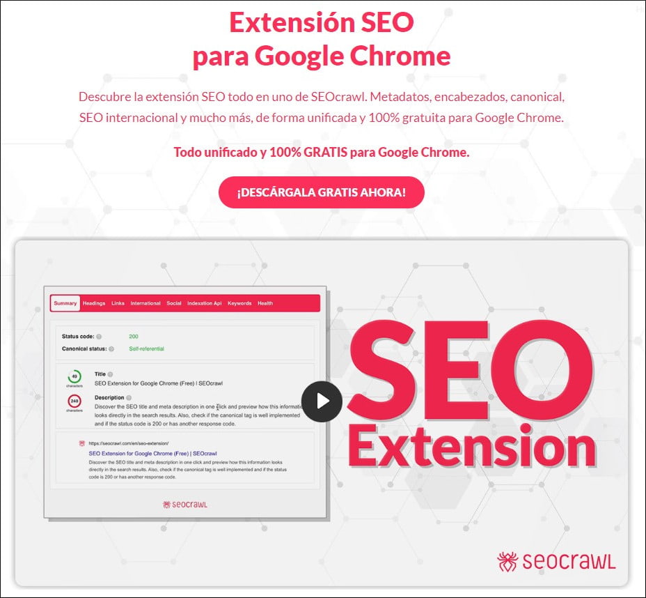 Landing de la extensión SEO de SEOcrawl