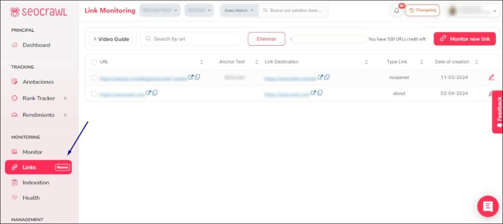 Función Link Monitoring en SEOcrawl