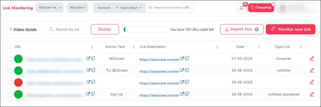 Link Monitoring in SEOcrawl