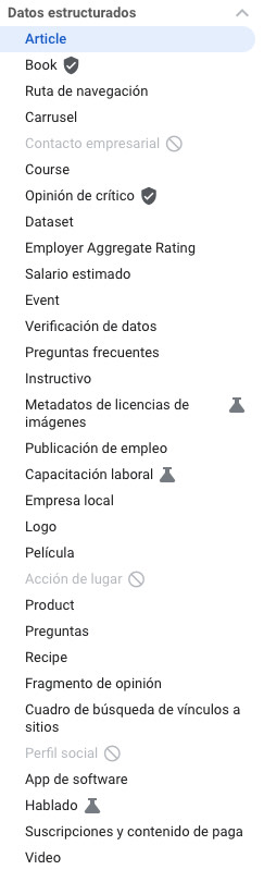 Lista de datos estructurados oficiales de Google