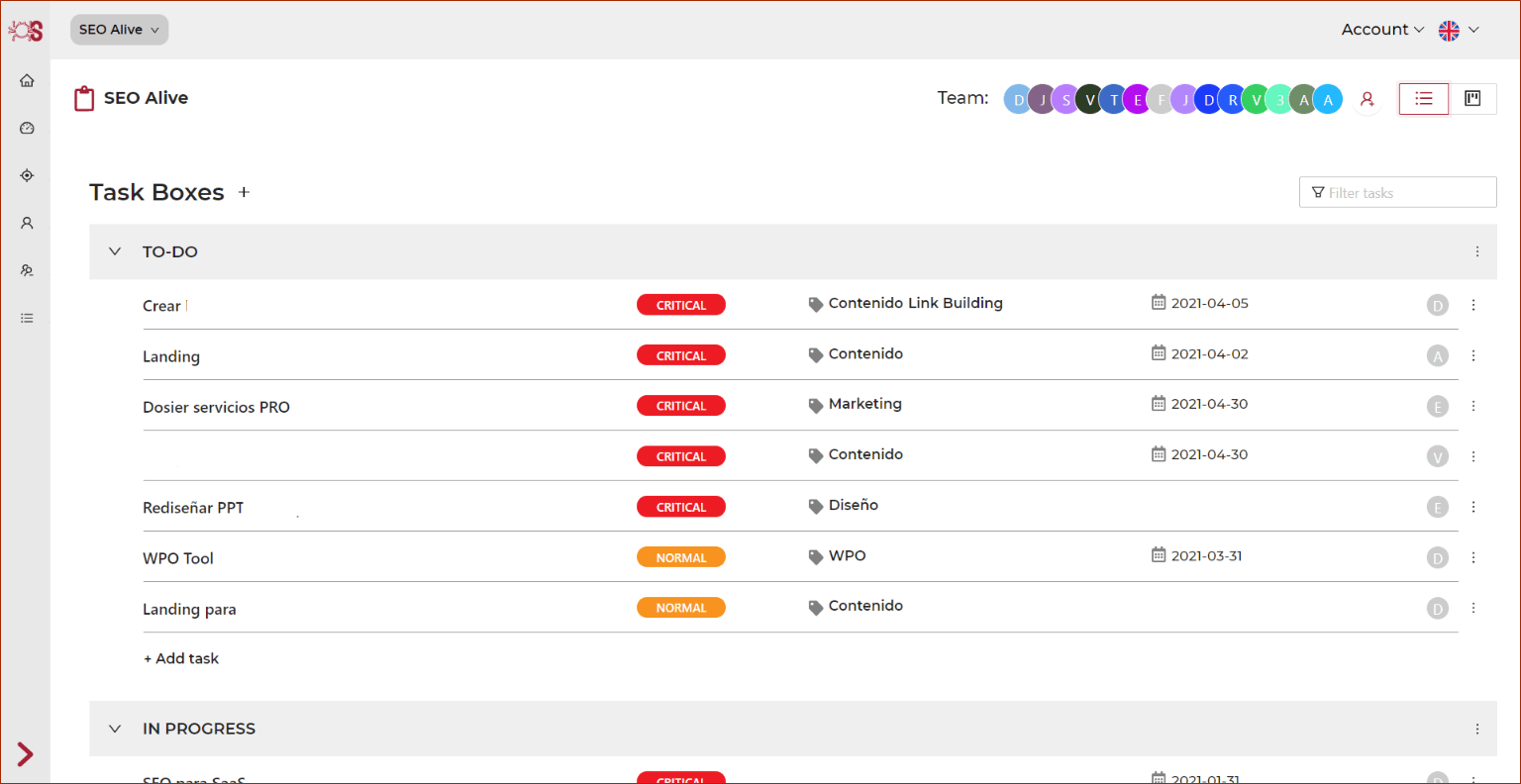 Organizador de Tareas SEO en formato lista