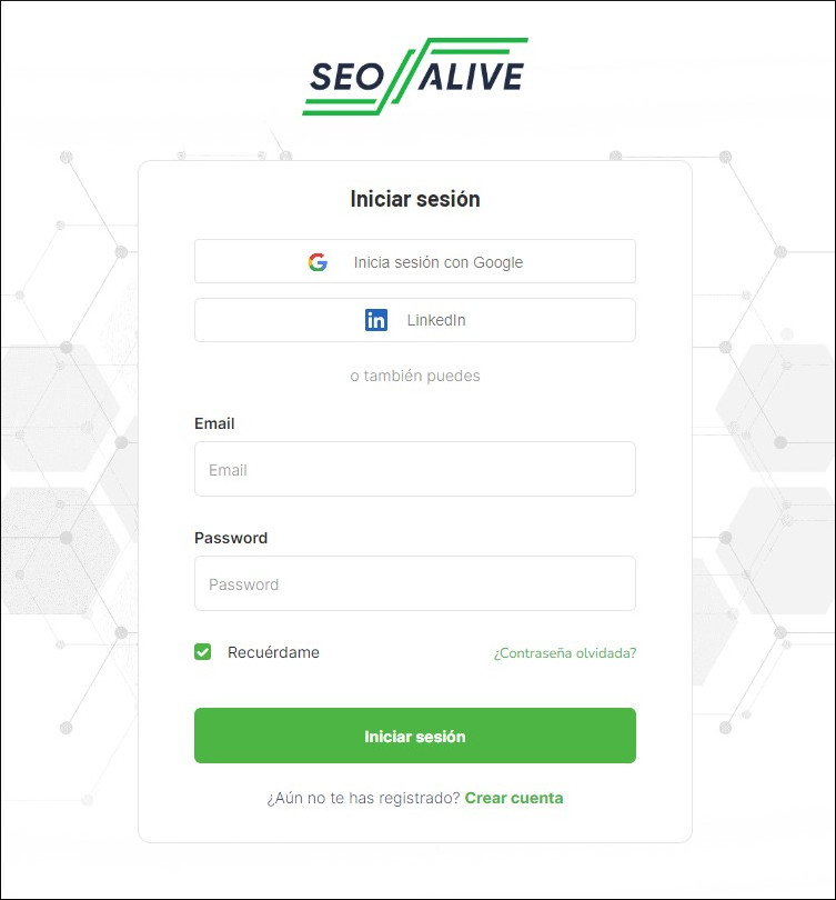 Página de login SEO Alive en SEOcrawl