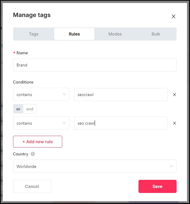 Configurador de etiquetas en SEOcrawl