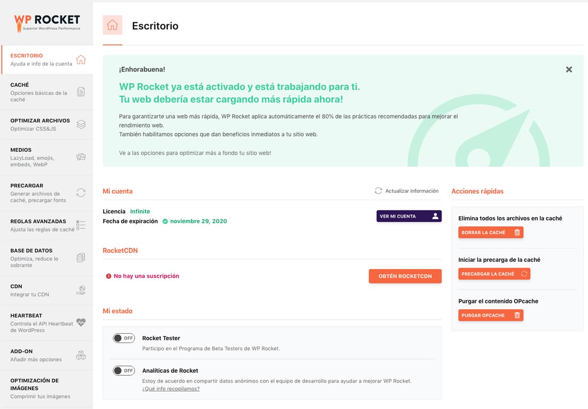 menu principal wp rocket