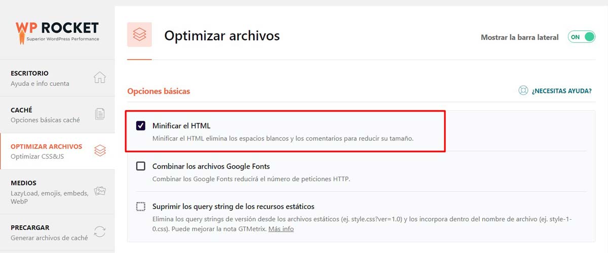 minificar html con wp rocket