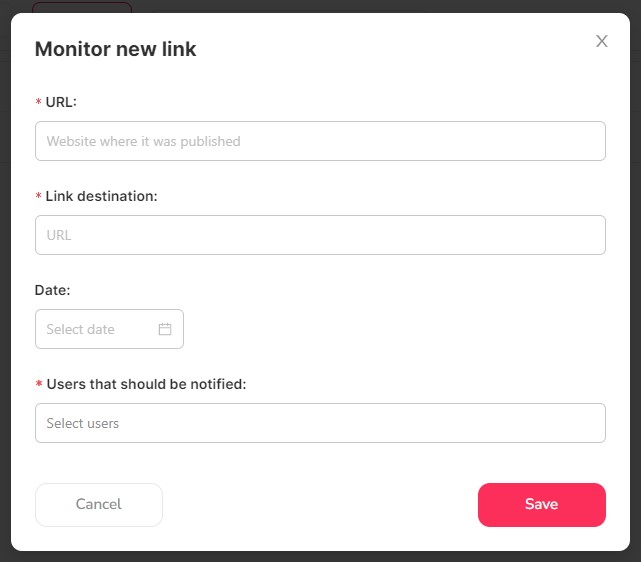 Entering backlinks in link monitor in SEOcrawl