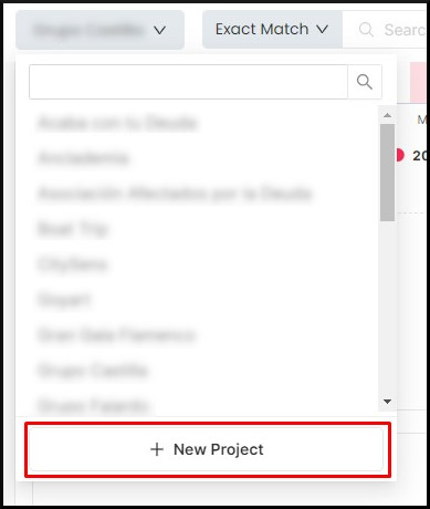 New Project in a dropdown menu