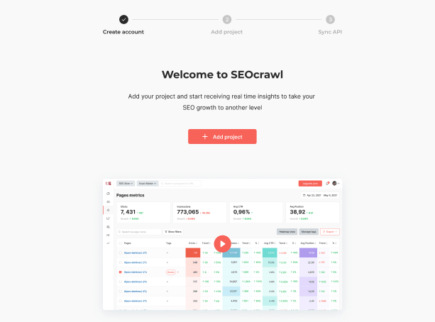 Primer paso del registro con SEOcrawl